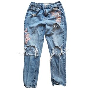 Garage‎ Denim Jeans Women Size 5 Embroidered Roses Ripped Distressed Light Wash